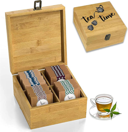 Tea Organizer Box Food Safe Chemical Free Bamboo Wood Storage Chest Big, Tall, Adjustable Cubbies (8-Slot 14.3" x 8.1" x 4.2" with TEA print design)