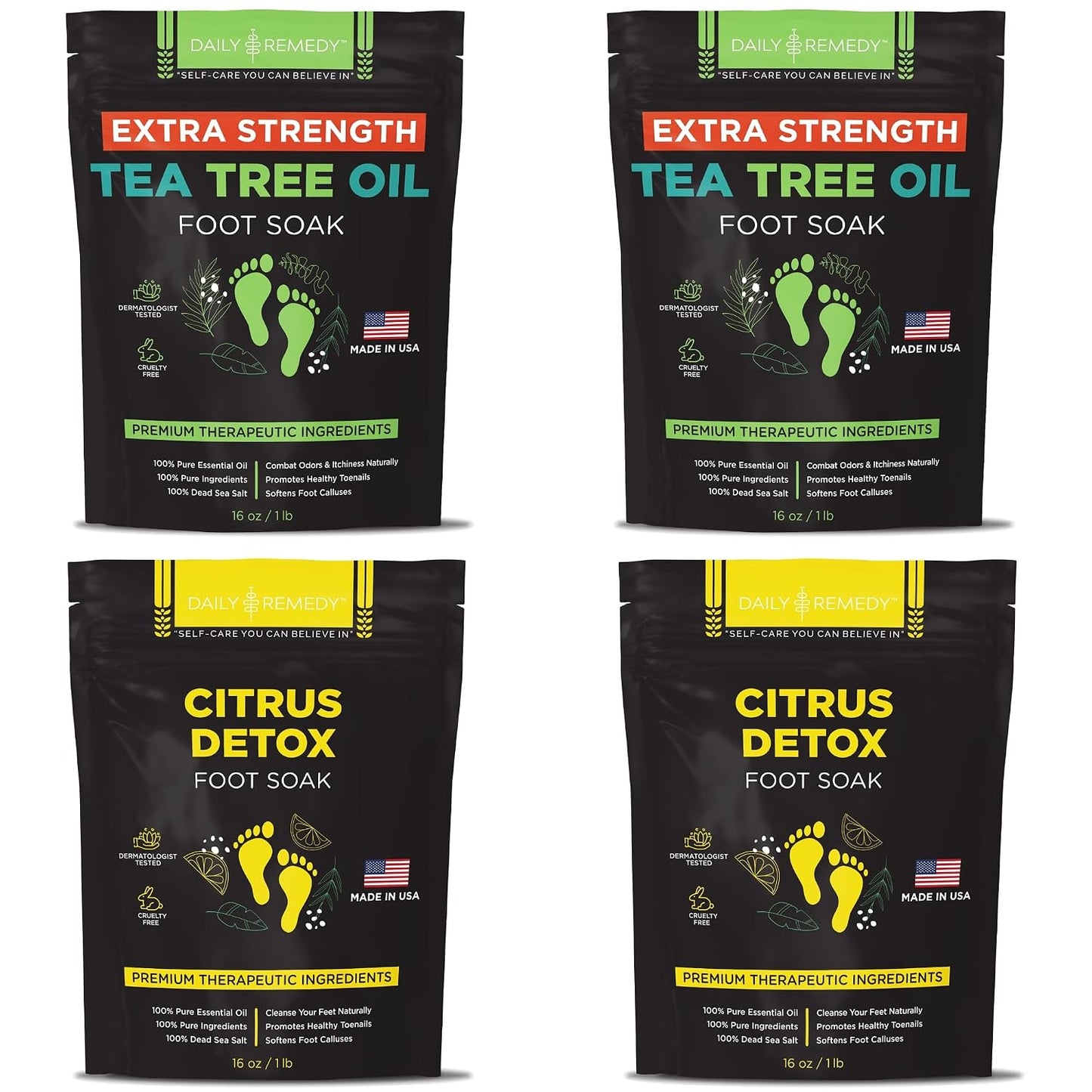 DAILY REMEDY Foot Soak Salts- Variety Pack of 4- Tea Tree Oil, Muscle Relief, Calming Lavender & Citrus Soak- For Foot Pain, Soreness, Athlete’s Foot, Odors, Calluses-Made In USA | Tea Tree Oil