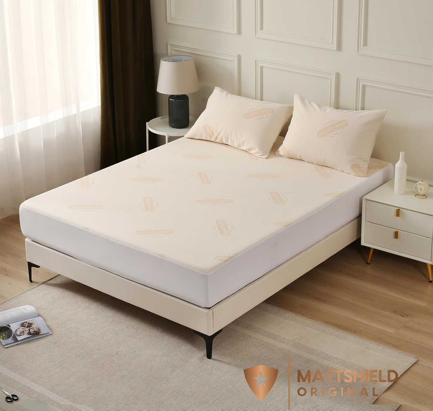 Waterproof Organic Mattress Protector Queen Size – Premium Soft Organic Cotton Surface Mattress Cover – Noiseless & Breathable 250 GSM Mattress Pad – Deep Pocket Fitted Design