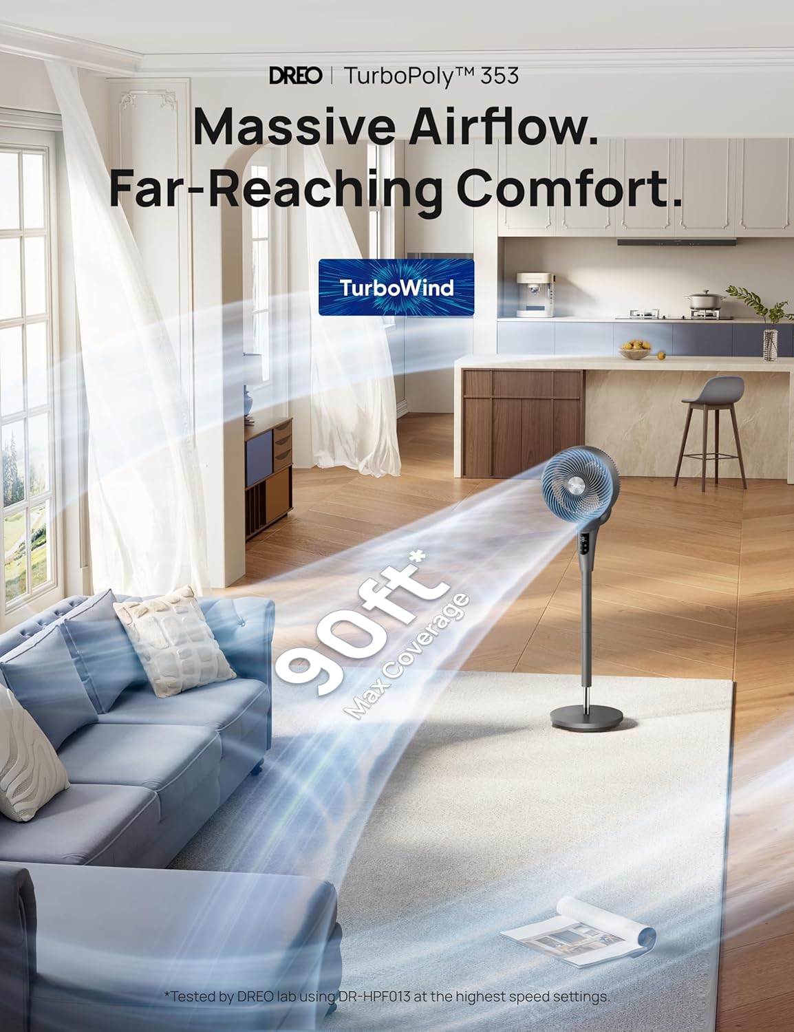 DREO Fan for Bedroom, 2026 Upgraded, 90ft Airflow, 20dB Quiet Fan, 90° Oscillating Standing Fan for Whole Room, DC Motor, 8+H Speeds, 3 Modes, 38-42'' Adjustable Height, 8H Timer, 105° Manual Vertical