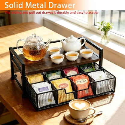 Tea Bag Organizer, Wooden Tea Box with Drawer and Top Tray, Rustic Brown