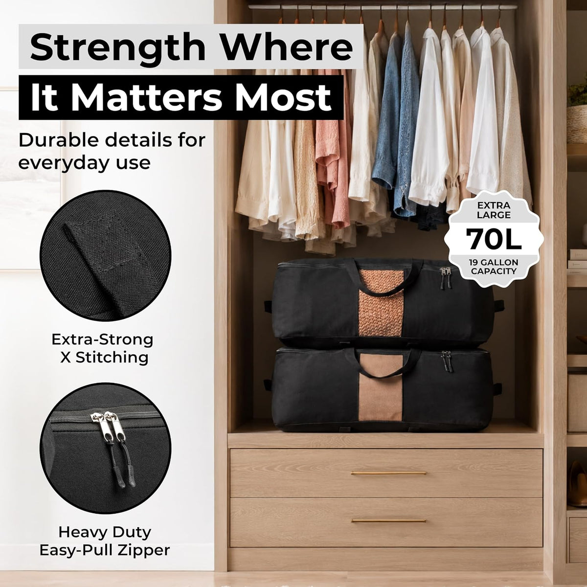Soft Canvas Storage Bags with Zipper. Thick Breathable, 2pc King/Queen Comforter Organizer. Four Carrying Handles and Window. Large 25x19x9in Bag for Sheets Blankets Bedding Pillows, Clothes