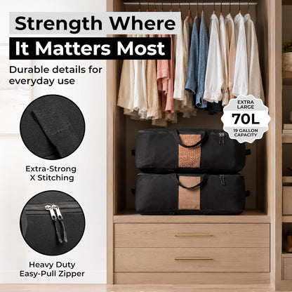 Soft Canvas Storage Bags with Zipper. Thick Breathable, 2pc King/Queen Comforter Organizer. Four Carrying Handles and Window. Large 25x19x9in Bag for Sheets Blankets Bedding Pillows, Clothes