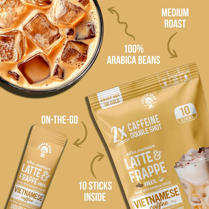 The Frozen Bean Vanilla Bean Frappe & Latte Instant Mix (10 Sticks), Made with Arabica Coffee, Double Shot Caffeine, Low Sugar & Premium Ingredients, Hot, Iced, or Blended Drinks