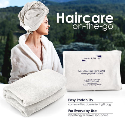 SimpleField Large Microfiber Hair Towel Wrap (27x40 Inches) for Women, Anti-Frizz Flat Rectangle Drying Towel with Full Hair Coverage Design, Elastic Band for Long, Curly and Thick Hair (Beige)