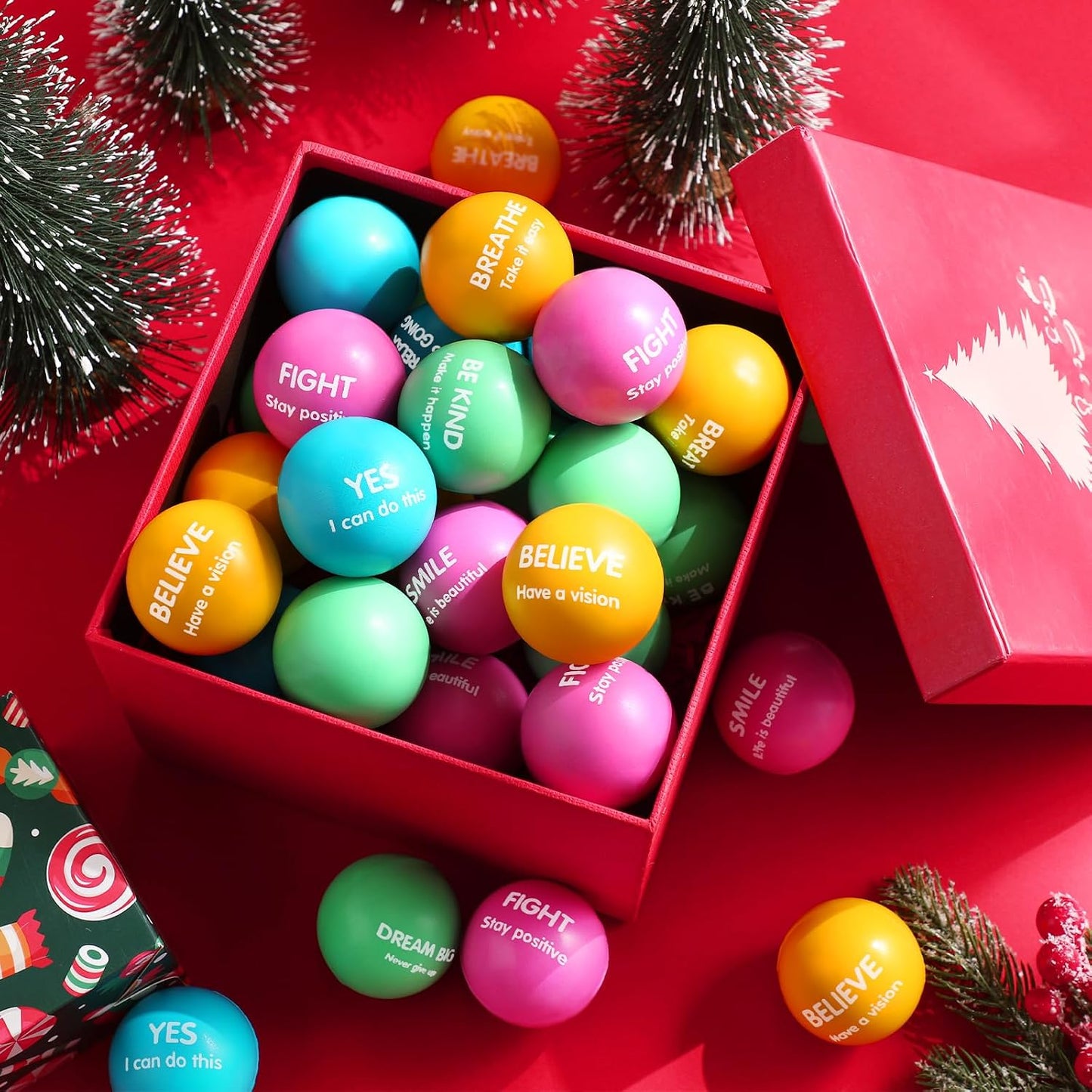Liliful 100 Pcs Motivational Stress Balls Bulk Inspirational Squeeze Balls for Adults Anxiety Relief Fidget Toys Office Employee Gifts Classroom Rewards 2.2 Inch (Bright Colors)