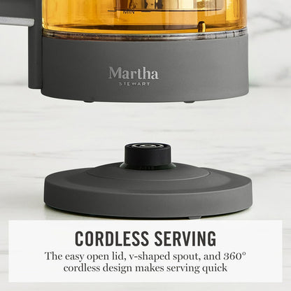 Martha Stewart Electric Kettle with Removable Stainless Steel Tea Infuser, Glass Carafe 1.7L (7 Cups), Hot Water Boiler, 4 Presets, Keep Warm & Auto Shut-Off, Cordless 360° Swivel Base, Honeydew Green