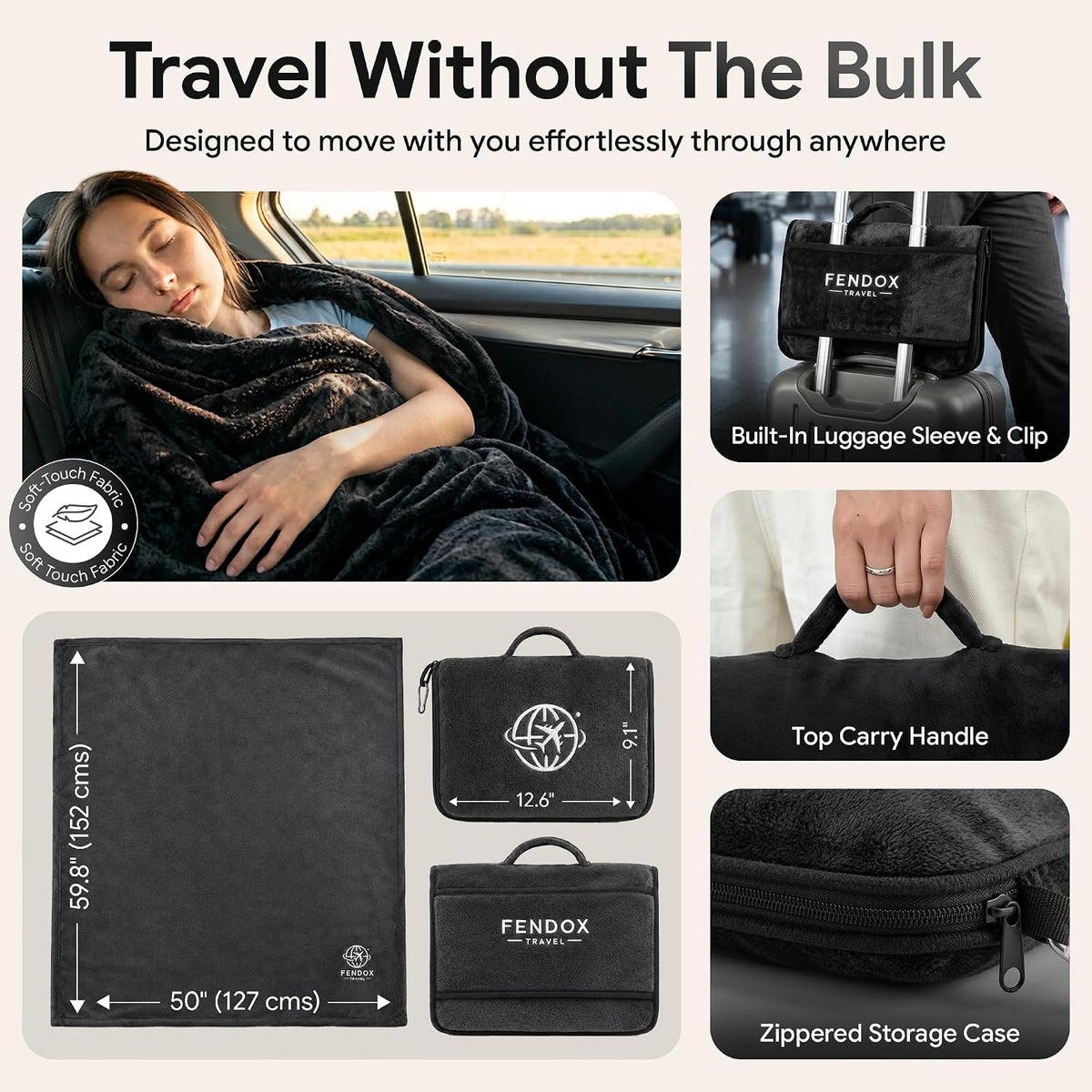 2-in-1 Travel Blanket and Pillow – Lightweight, Compact, Ultra Soft, Machine Washable – Handle, Luggage Sleeve, Backpack Clip – for Travel Airplane, Car, Office (Gray)