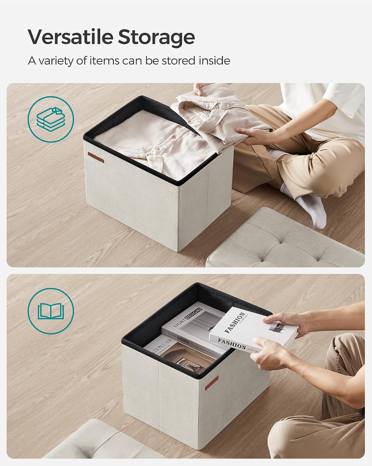 SONGMICS Small Folding Storage Ottoman, Foot Rest Stool, Cube Footrest, Synthetic Leather, 12.2 x 16.1 x 12.2 Inches, 286 lb Capacity, for Living Room, Bedroom, Dorm, Ink Black ULSF100B01