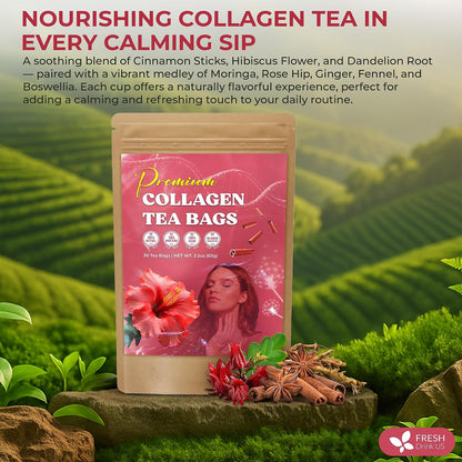 FreshDrinkUS, Premium Collagen Herbal Tea – 30 Tea Bags | Cinnamon Stick, Hibiscus, Dandelion Root, Moringa Leaves, Rose Hip, Ginger, Fennel Seed, Boswellia | Caffeine-Free, Natural Flavorful Blend