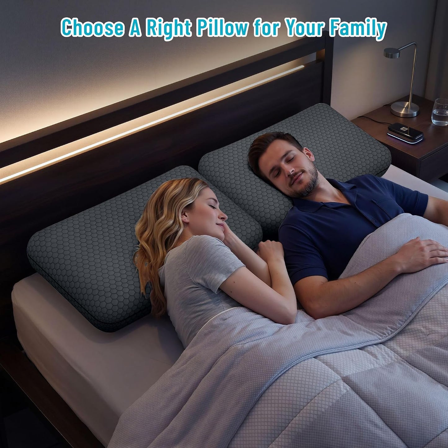 CushyOasis Memory Foam Pillows for Side, Back and Stomach Sleepers, Set of 2, Bed Pillow with Washable Cover and Breathable Mesh, Bed Pillow for Sleeping (Blue，Standard Size)
