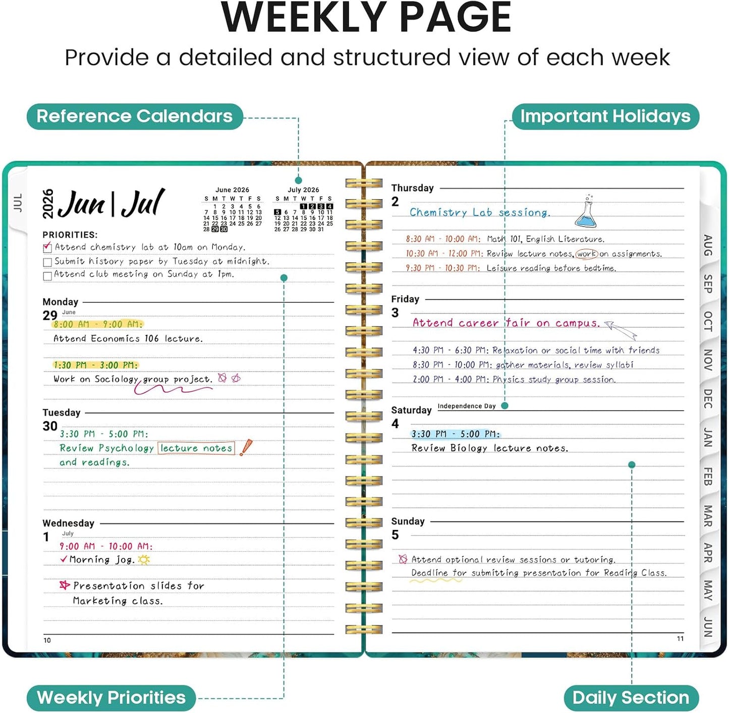 Planner 2026-2027, Academic Monthly and Weekly Calendar Planner for Women, July 2026 - June 2027, Hardcover Pretty Agenda Planner Book with Tabs, Spiral Daily Organizer for School Office Home Supplies, 6.3" x 8.5" - Blue Floral