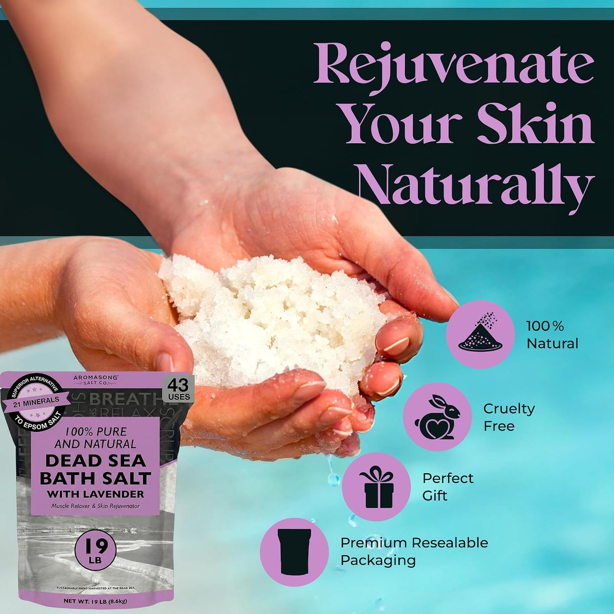 Aromasong Dead Sea Salt - Spa Bath Salt - 19 Lbs Fine Grain Bulk - 100% Pure - Better Absorbing Than Epsom Salt - Soak for Women & Men for Skin Issues and to Relax Tired Muscles - Resealable Pack.