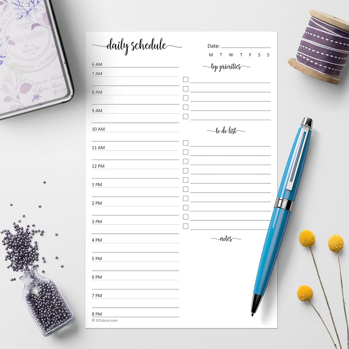 321Done Daily Schedule Planning Notepad - 5.5x8.5 Hourly Appointment Daily Planner To Do Checklist, 50 Sheets Tear-Off Note Pad - Made in USA