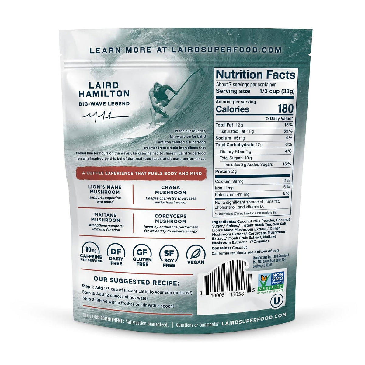 Laird Superfood Chai Instant Latte with Adaptogens - Instant Chai Tea Powder with Superfood Coconut Creamer - Gluten Free, Non-GMO, Vegan, 8 oz. Bag, Pack of 1