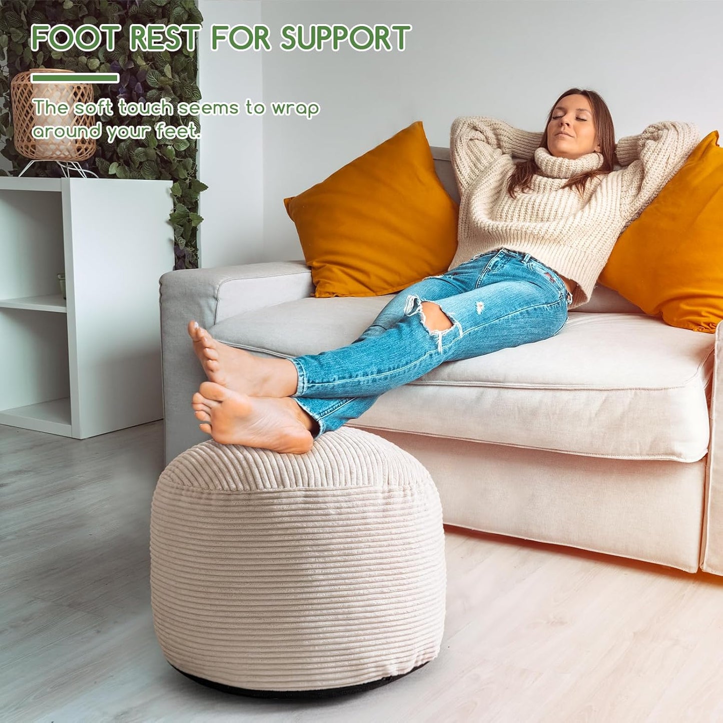 HIGOGOGO Pouf Ottoman Stuffed Round Modern Foam Filled Foot Rest Poufs for Living Room Chair Decorative 20 X 15 Inches Boho Relax Stool for Wedding Christmas Party, Beige