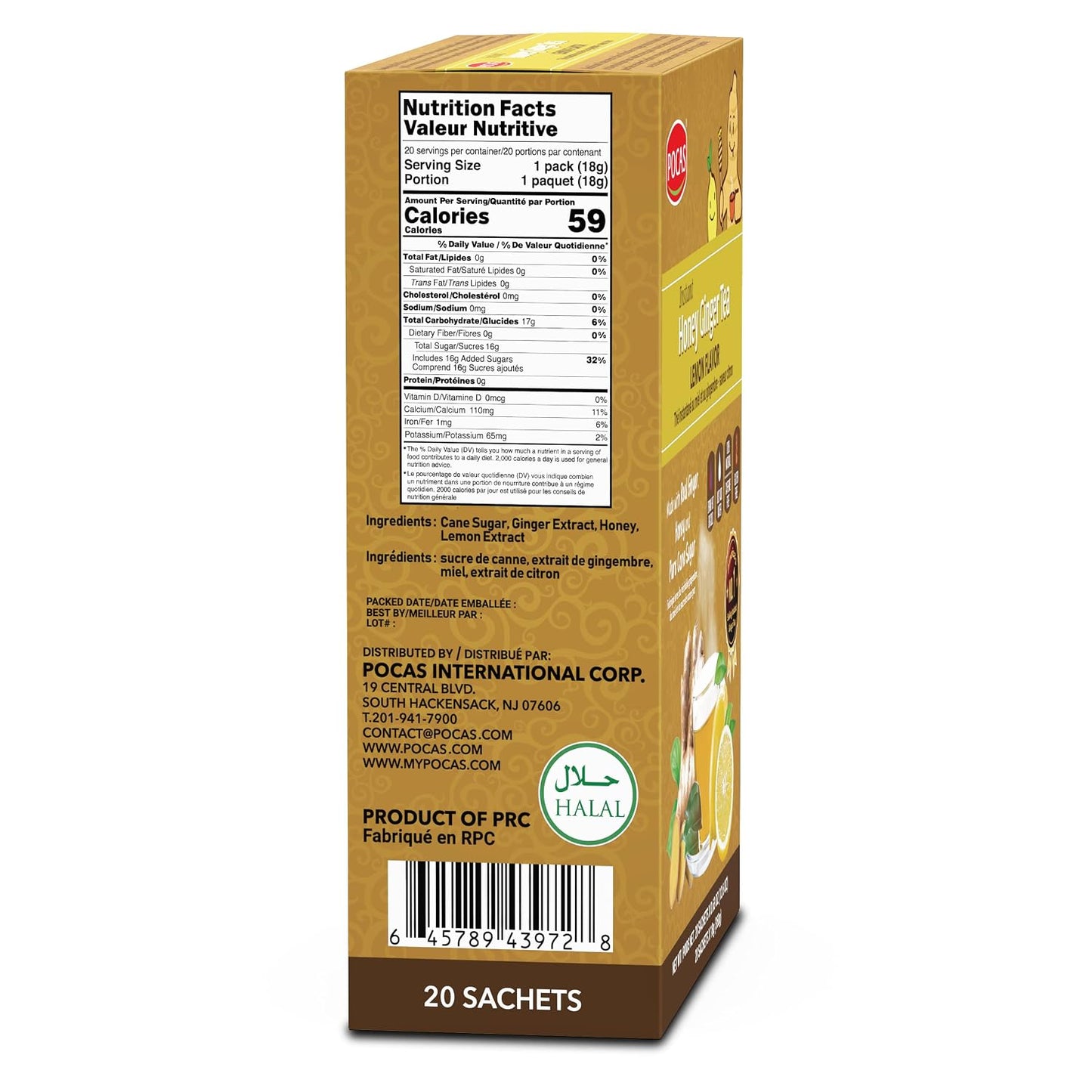 Pocas Honey Ginger Instant Tea Powder, Lemon Flavor 2-Pack, Ginger Extract & Real Honey, Caffeine-Free Tea, 20 Packets per Box