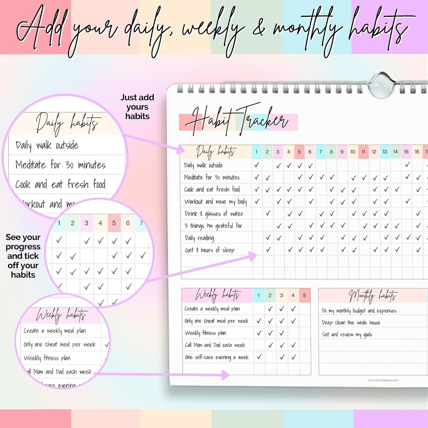 Habit Tracker Calendar – Daily, Weekly & Monthly Habit & Goal Tracker, Wire-Bound Planner with Colorful Design, Premium 250gsm Paper | A5 (Rainbow)