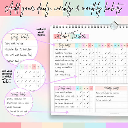 Habit Tracker Calendar – Daily, Weekly & Monthly Habit & Goal Tracker, Wire-Bound Planner with Colorful Design, Premium 250gsm Paper | A5 (Rainbow)