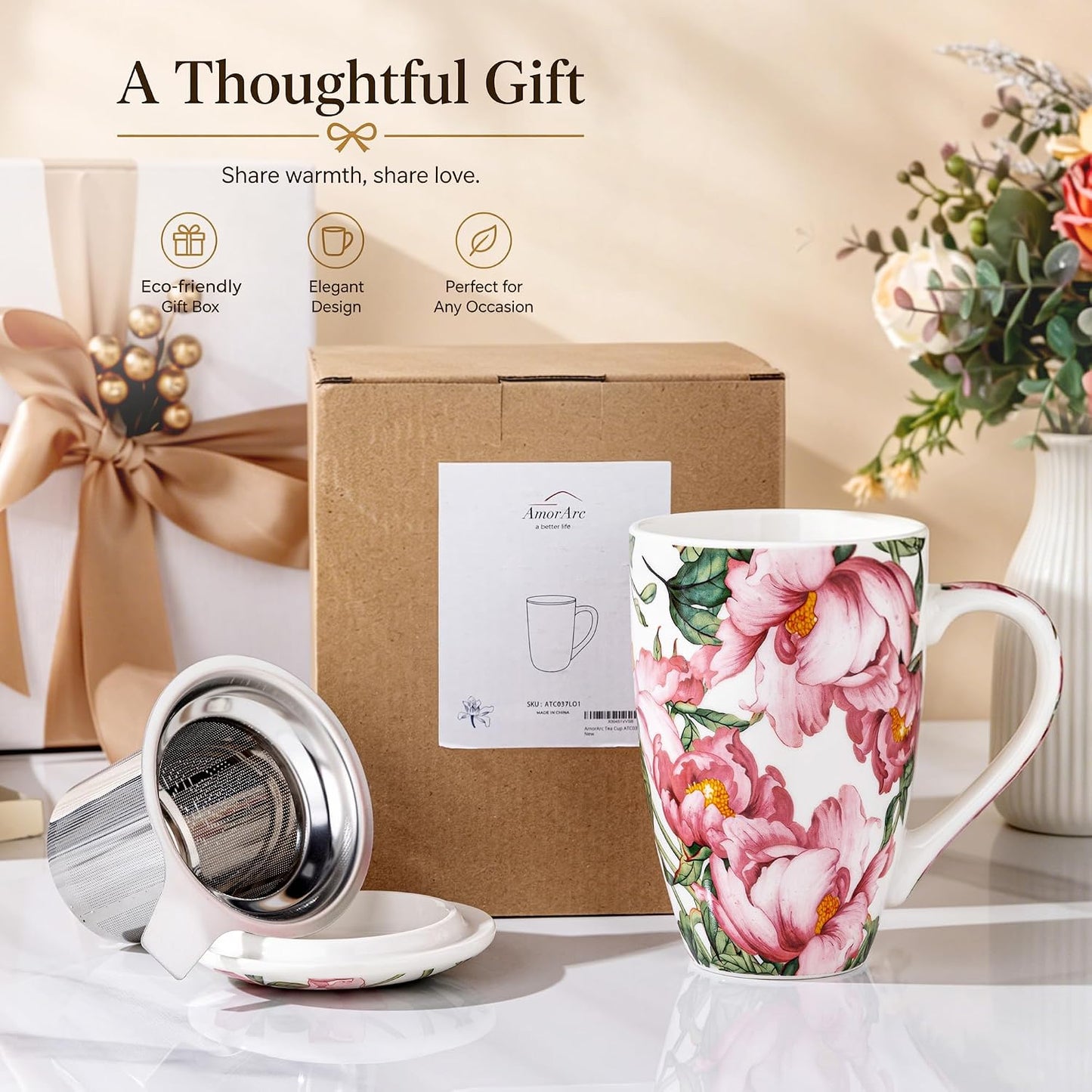 AmorArc 18oz Porcelain Tea Mug with Infuser & Lid, Loose Leaf Tea Cup with Stainless Steel Strainer, Large Coffee Mug Gift for Women, Tea Lovers, Home & Office