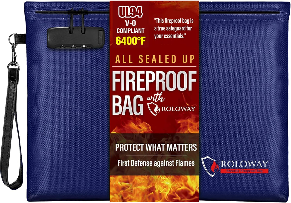 ROLOWAY Fireproof Document Bag (14.5 x 11.5 inch), 6400℉ Fireproof Money Bag with Zipper for Cash, Fire Safe Money Pouch with Lock (Black)