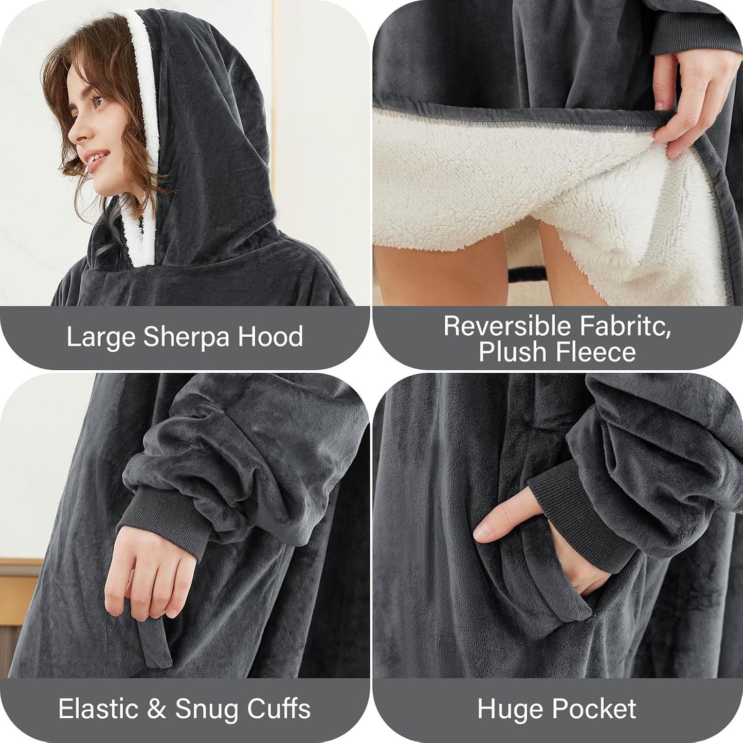 LetsFunny Blanket Hoodie,Oversized Wearable Sherpa Fleece Blanket Sweatshirt,Super Soft Warm Cozy with Giant Pocket,Gifts for Women Men Adults Teenagers, One Size Fits All