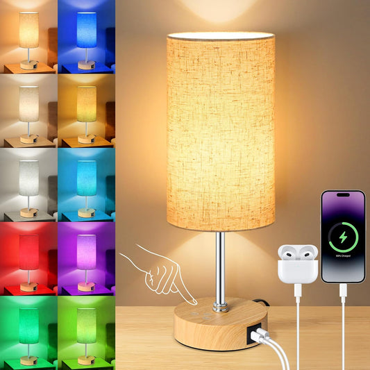 Unicozin Table Lamp, 3 CCT 3000K/4500K/6500K & RGB Color Changing, Stepless Dimmable Small Bedside Lamp for Reading, Ambience Nightstand Light for Home Decor Party, Beige Shade