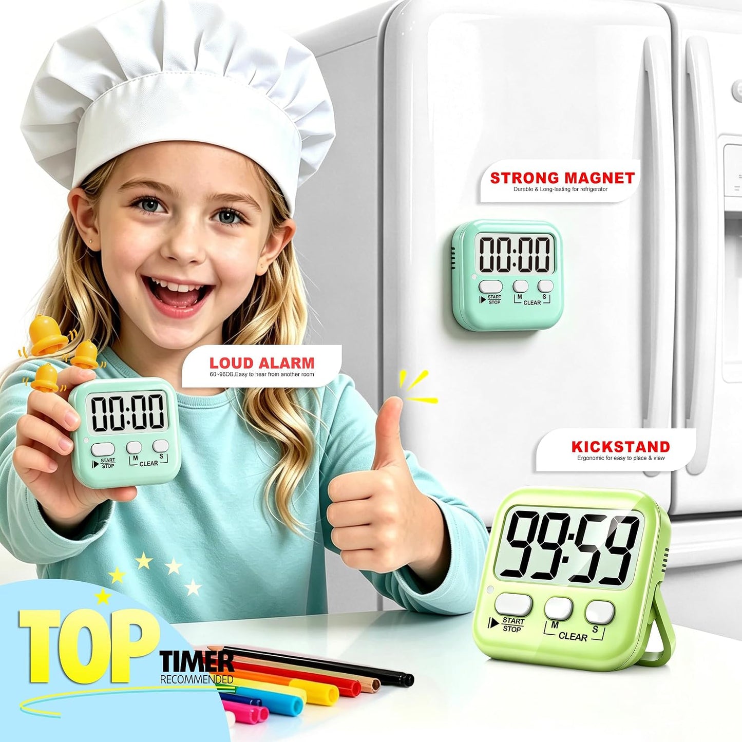 Antonki 2 Pack Digital Timer for Kids, Magnetic Countdown Kitchen Timers for Cooking, Egg, Classroom, Teacher, Exercise, Study, Oven - Battery Included