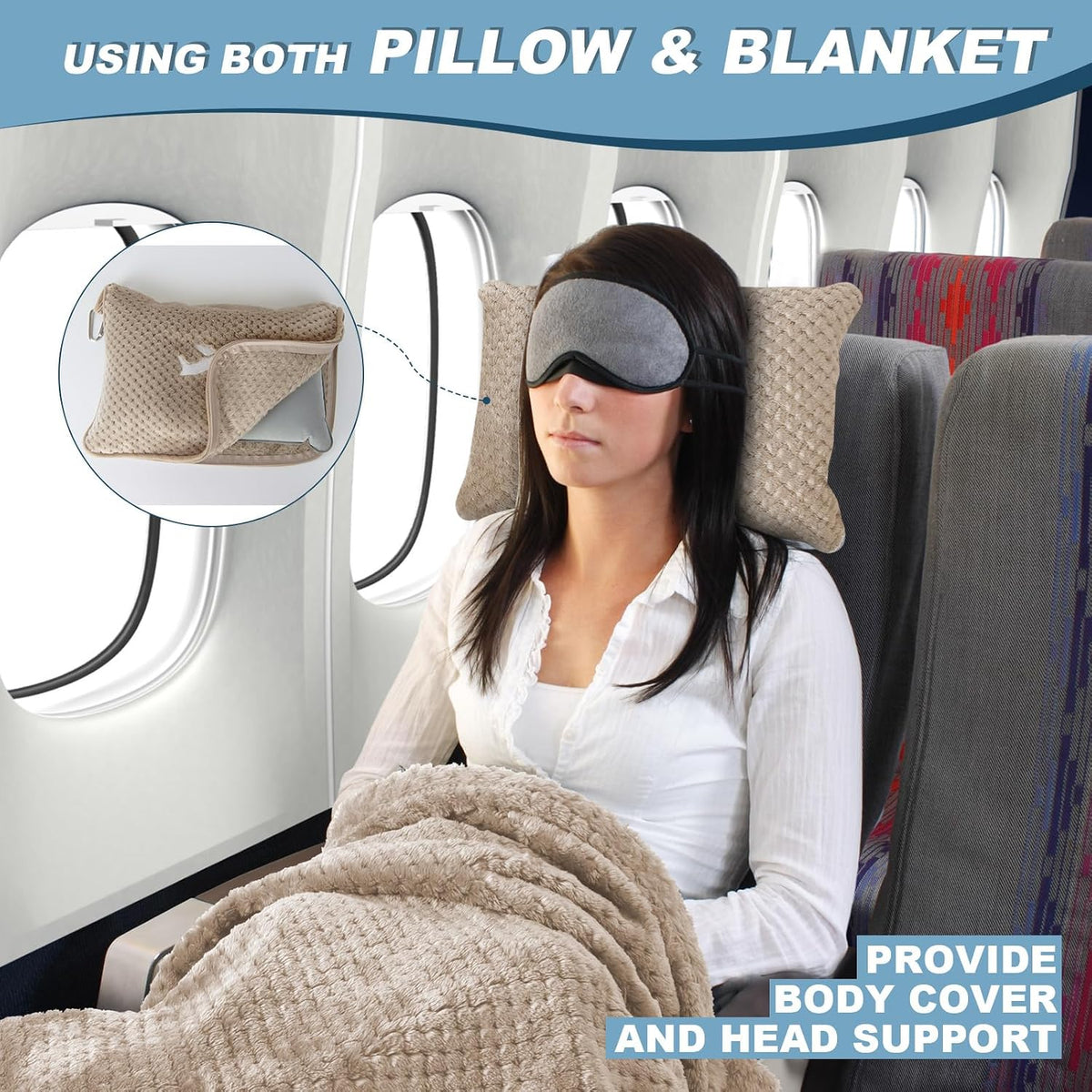 Travel Blanket Airplane Compact with Bag, Travel Essentials 3 in 1 Packable Airplane Blanket, Travel Pillow and Blanket Set, Inflatable Pillow, Luggage Sleeve & Backpack Clip (Light Grey)