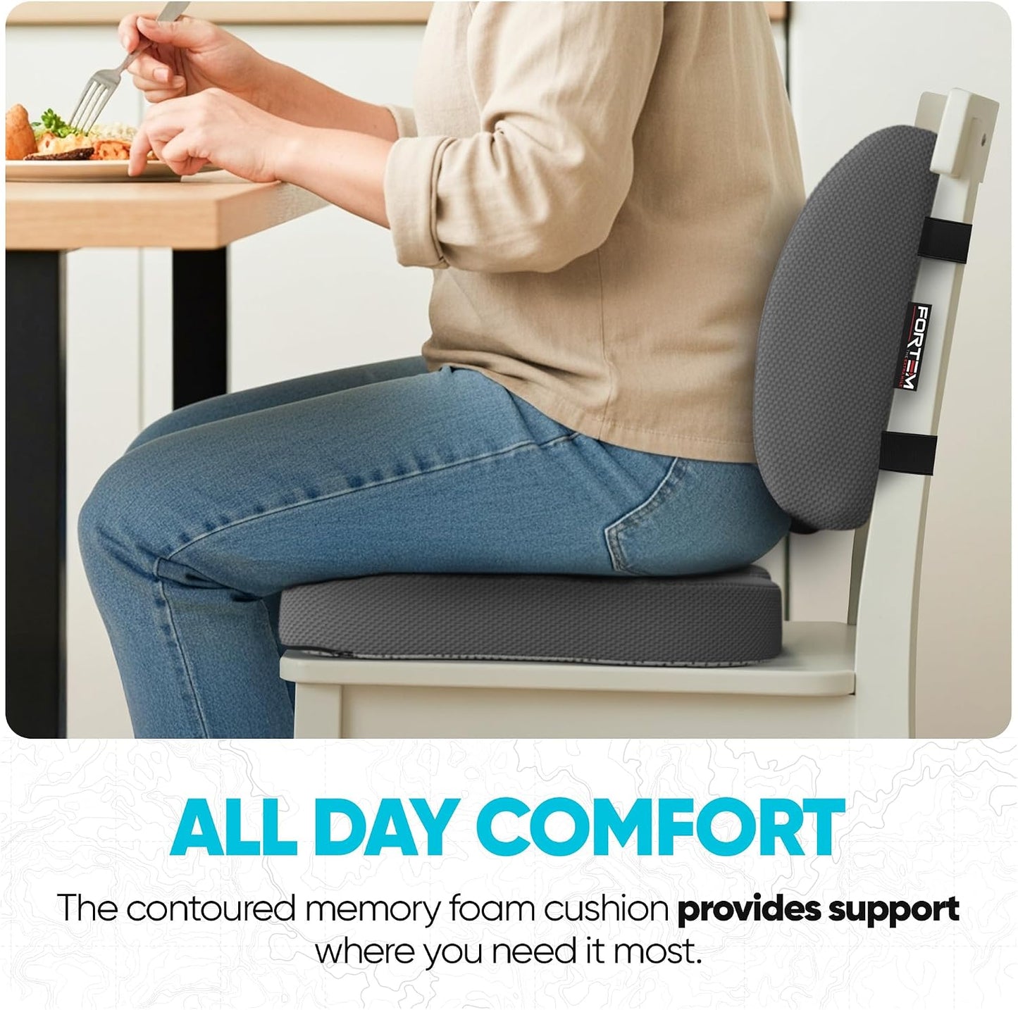 FORTEM Seat Cushion, Office Chair Cushion, Lumbar Support Pillow for Office Chair, Memory Foam Car Seat Cushions, Sciatica Coccyx Tailbone Pain Relief, Cushions for Back Support, Washable, Non Slip