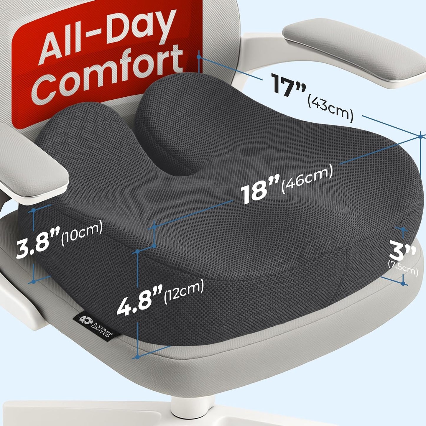 5 STARS UNITED Seat Cushion - Memory Foam Chair Cushion for Tailbone Pain Relief - Ergonomic Support for Coccyx, Sciatica & Butt - Office, Desk & Gaming Chair, Car Seat, Wheelchair, Black Suede