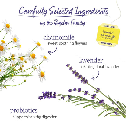 Bigelow Tea Lavender Chamomile plus Probiotic Herbal Tea, Caffeine Free, 18 Total Tea Bags (Pack of 1)