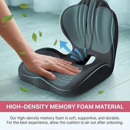Ergonomic Waist Support and Seat Cushion, 2-in-1 Memory Foam Pad, Hollow Design for Coccyx, Suitable for Office Chairs, Car Safety Seats and Household Use - Relieves Lower Back and Hip Pain (Grey)