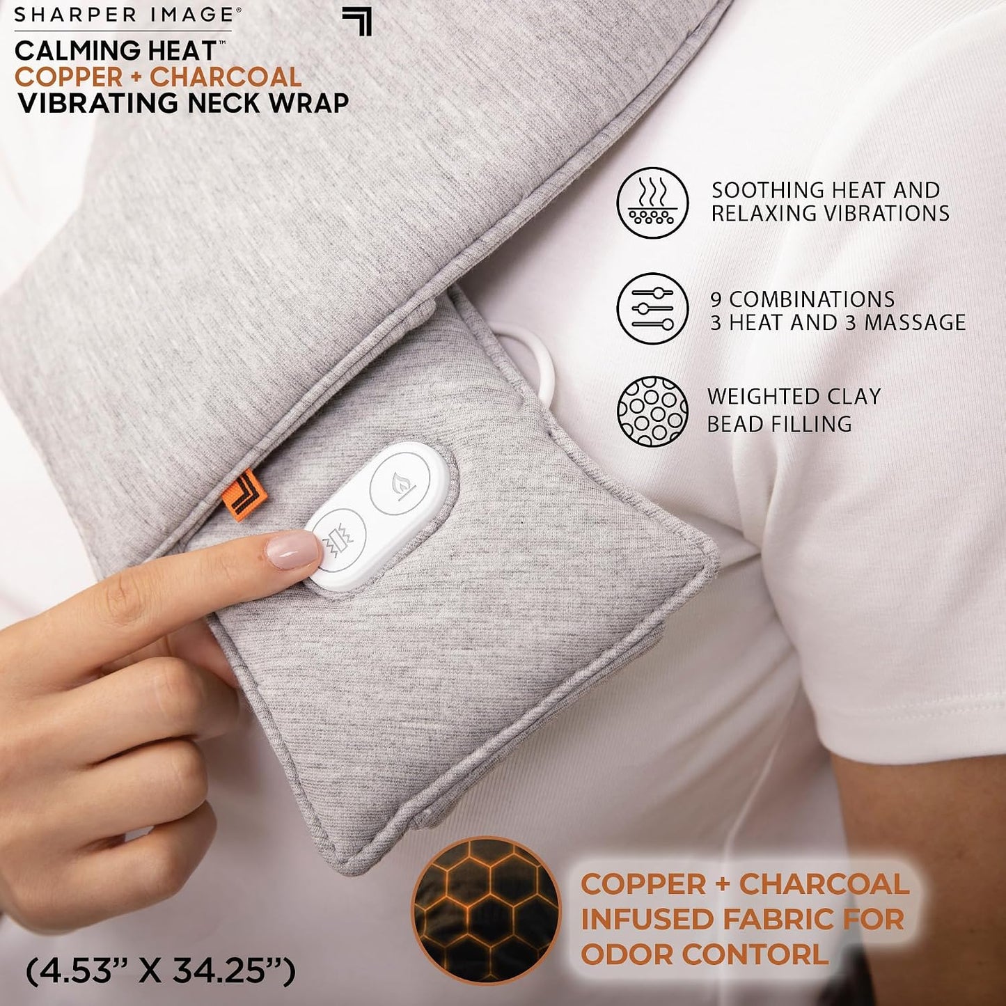 Calming Heat Neck Wrap by Sharper Image Copper & Charcoal Infused Personal Electric Neck Heating Pad with Vibrations, 3 Heat & 3 Vibration Settings- 9 Relaxing Combinations