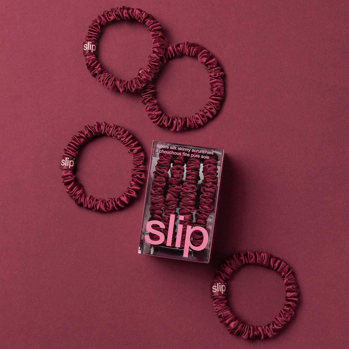 Slip Silk Hair Ties — Skinny Silk Black Scrunchies, No Damage, No Crease, Anti-Breakage |100% Mulberry Silk | All Hair Types | Made with Proprietary Slipsilk™ | Set of 4