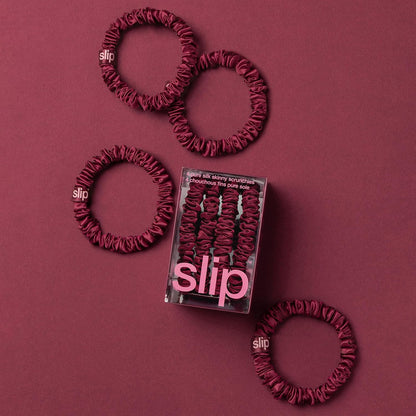 Slip Silk Hair Ties — Skinny Silk Black Scrunchies, No Damage, No Crease, Anti-Breakage |100% Mulberry Silk | All Hair Types | Made with Proprietary Slipsilk™ | Set of 4