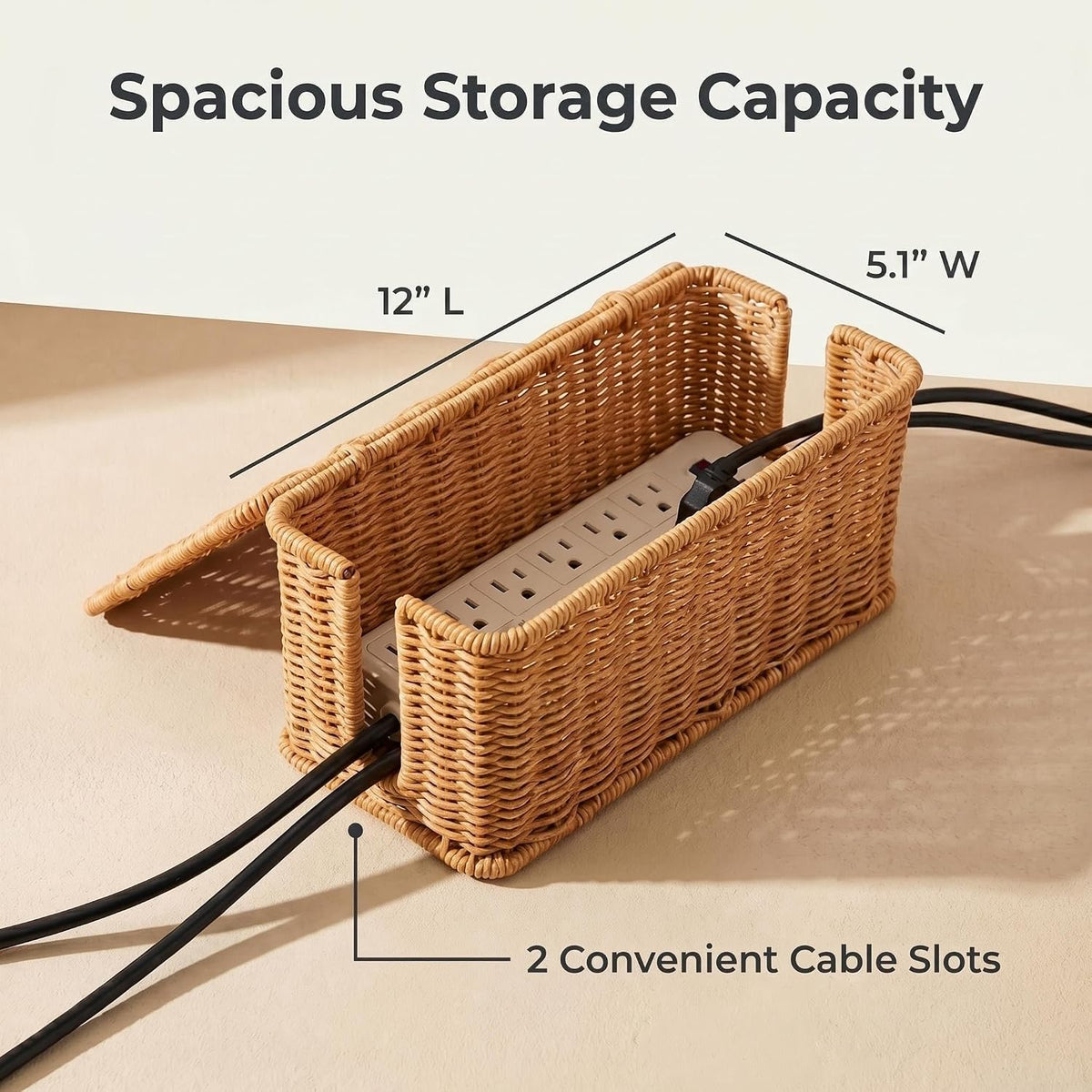 Cable Management Box Handwoven Faux Rattan Cord Basket with Lid (Scallop)