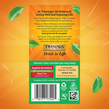 Twinings Decaffeinated Irish Breakfast Black Tea Individually Wrapped Bags, 20 Count (Pack of 1), Flavourful, Robust, Enjoy Hot or Iced, 20 Teabags