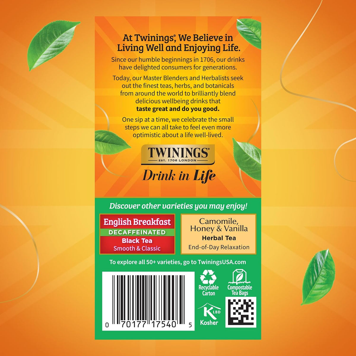 Twinings Decaffeinated Irish Breakfast Black Tea Individually Wrapped Bags, 20 Count (Pack of 6), Flavourful, Robust, Enjoy Hot or Iced, 120 Teabags