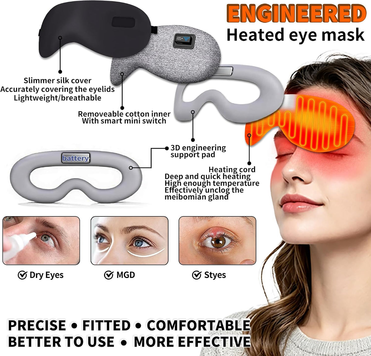 Heated Eye Mask for Dry Eyes Relief, Precise Heating Fits Eyelids,FSA-HSA Eligible,Engineered Cordless Warm Eye Compress for MGD, Styes, Slimmer Silk Sleep Eyeshade,Washable, Rechargeable