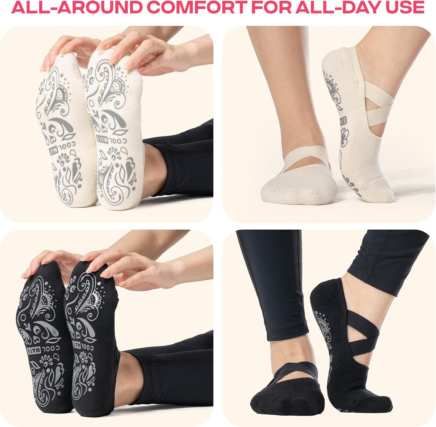 COOLMATE Pilates Socks with Grips for Women, Yoga Socks, Crew Non Slip Women for Barre, Pilates Gifts for Women - Colors B