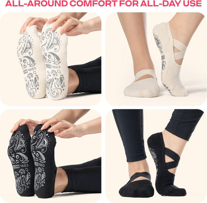 COOLMATE Pilates Socks with Grips for Women, Yoga Socks, Crew Non Slip Women for Barre, Pilates Gifts for Women - Colors B