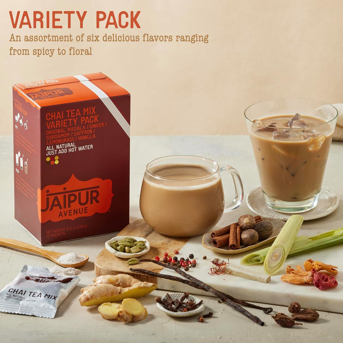 Jaipur Avenue Cardamom Chai Tea Mix Crafted with All-Natural Assam Black Tea, Cardamom, Cane Sugar, and Premium Dry Milk - Preservative-Free, Gluten-Free, Authentic Indian Chai Tea Latte (15 Servings)