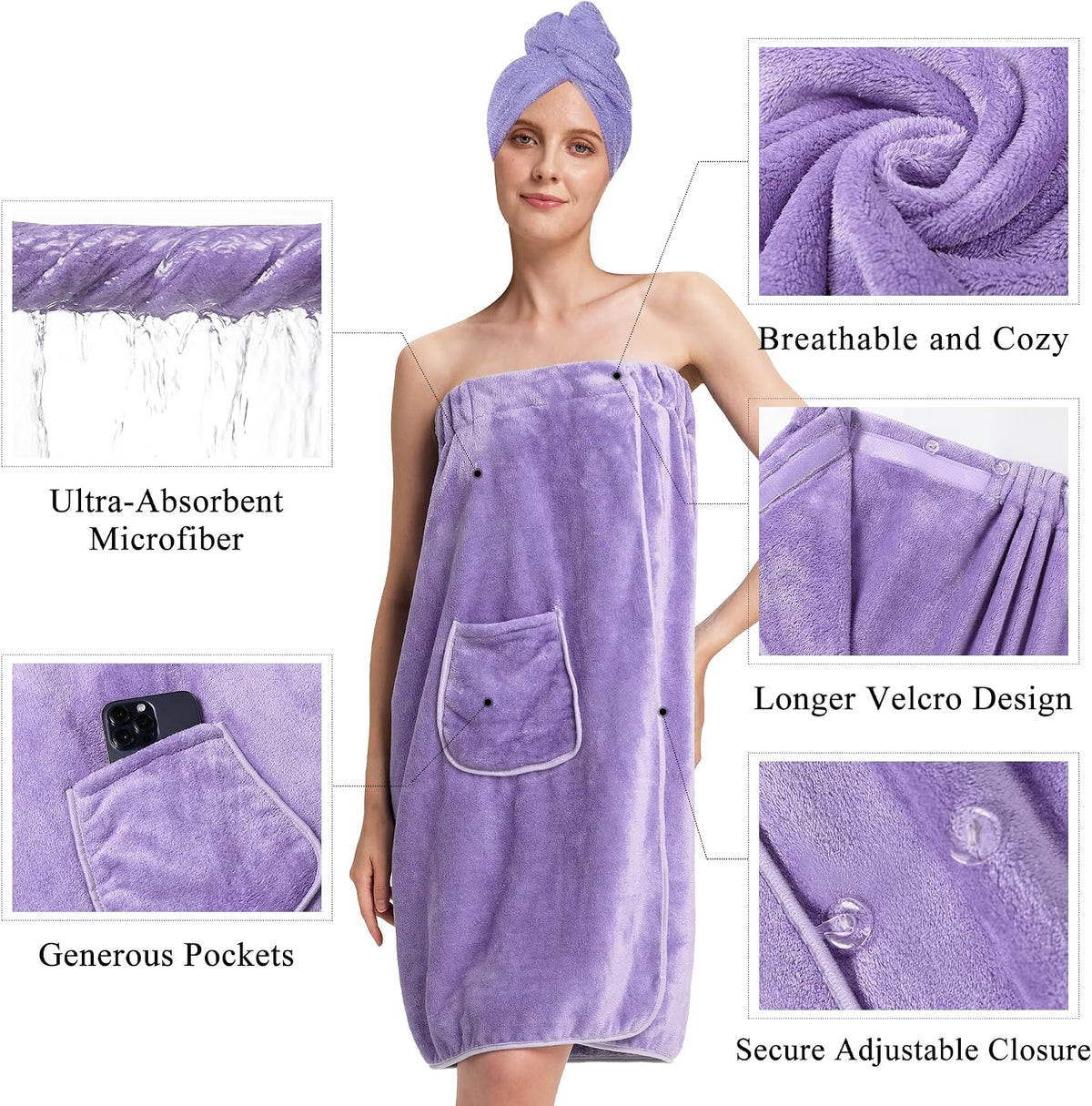 PJGGZ Towel Wrap for Women, Adjustable Button Quick Dry Absorbent Bath Wrap
