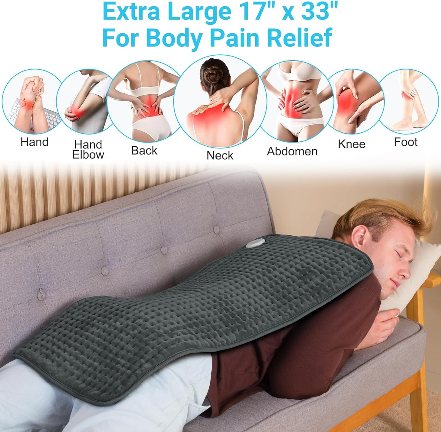 Boileau Electric Heating Pad for Back Pain and Period Cramps Relief, FSA Eligible17 x33 Extra Large XXXL, HSA 3 Heating Levels Heat Pad with 2-Hour Auto Shut Off, Gifts for Women and Mom, Blue