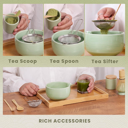 Matcha Whisk Set, Ceramic Matcha Set Includes Matcha Bowl, Matcha Whisk (Chasen) and Holder, Sifter, Bamboo Scoop & Spoon - 6 Pcs Matcha Kit for Matcha Lovers White
