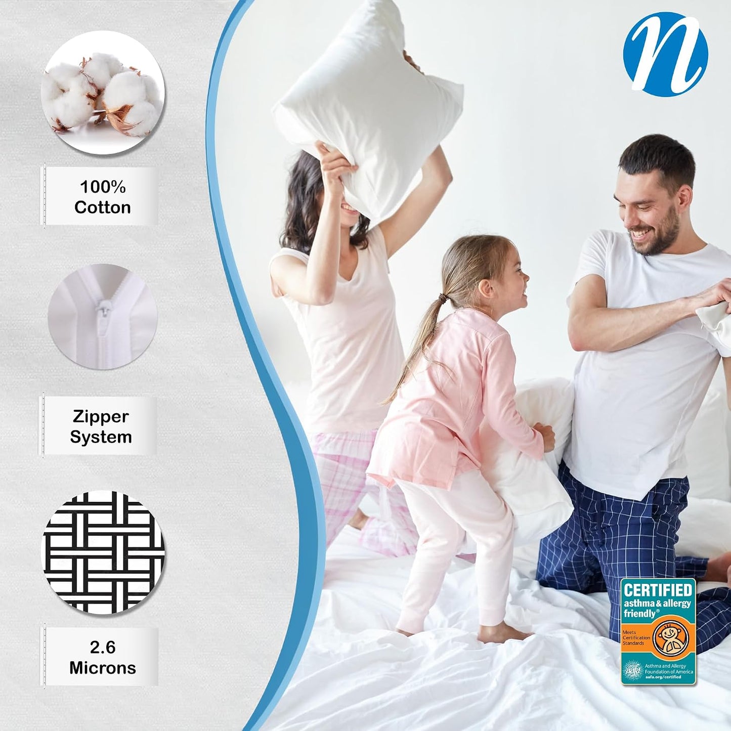 National Allergy Premium 100% Cotton Zippered Pillow Protector - Queen Size - White - 2 Pack - 300 Thread Count - Hypoallergenic Bed Pillowcase with Zipper - Breathable Encasement Cover