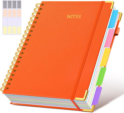Hardcover Spiral Notebook journal with Removable Dividers Tabs, 300 Pages Leather 5 Subject Notebook College Ruled, 8"x10" Large B5 Notebooks for Work School Note taking, Lined Journal for Women,Black