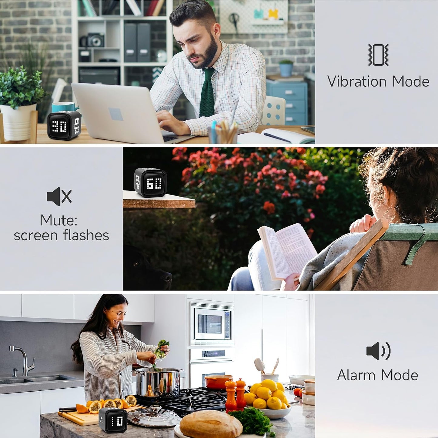 Rotating Productivity Timer 5, 25, 10, 50 Minutes Preset, Desk Cube w/Gravity Sensor for ADHD, Mute Functions, Ideal for Work, Study, Kitchen, Back to School (1, Wood Grain Finish)