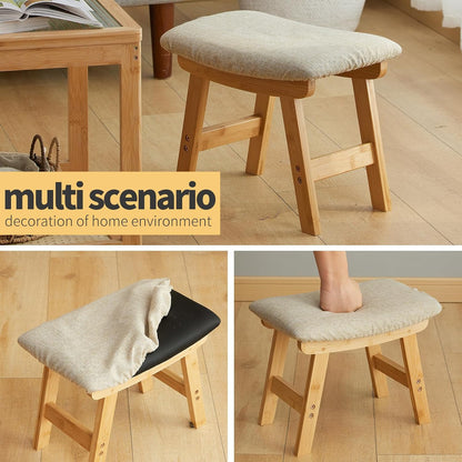 Foot Stool Ottoman Foot Rest Under Desk,Small Stool for Living Room, Bedroom and Kitchen (Brown Legs - Beige Stool Surface)